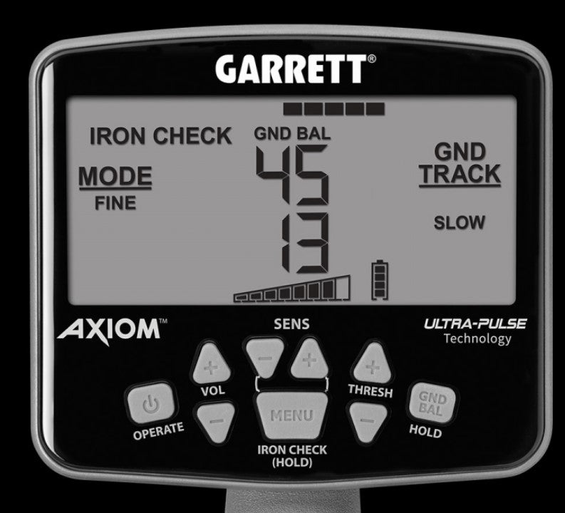 Garrett Axiom Metal Detector with 13"x11" DD-FC Coil, 11"x7" Mono Coil and MS-3 Headphones