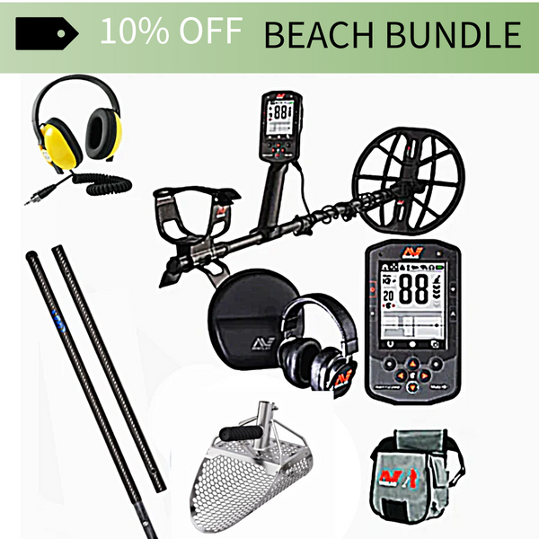Metal detector bundle with accessories on a white background, featuring a 10% off beach bundle offer.