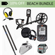 Metal detector bundle with accessories on a white background, featuring a 10% off beach bundle offer.