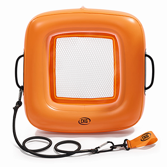 Orange sand sifter with mesh bottom and handle with lanyard