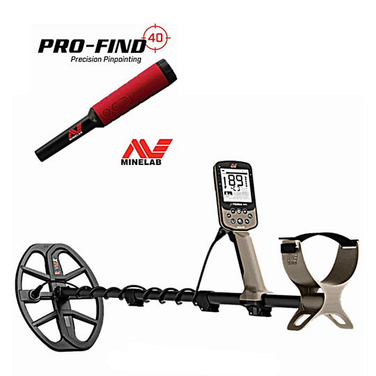 Metal detector with red handle and digital display on a white background, featuring Minelab branding.