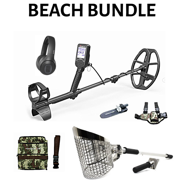 Nokta Legend detector with accessories for the beach including pouch,digger,sand scoop, and holster