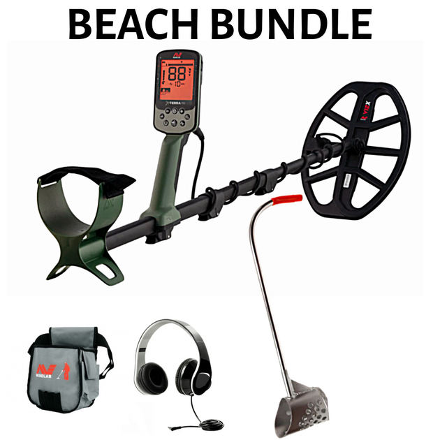 MInelab X-Terra Pro metal detector with accessories for the beach