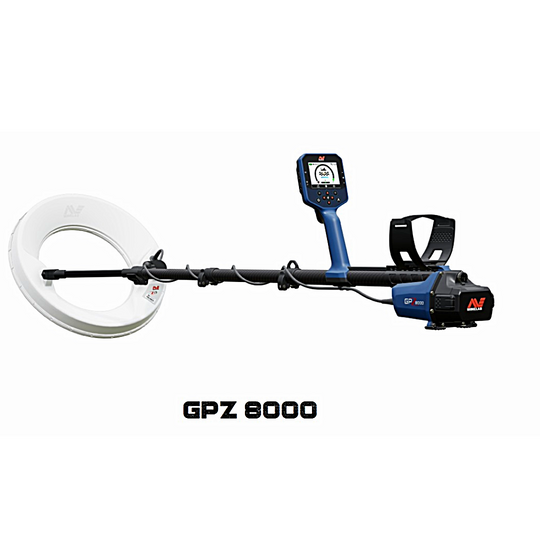 Gold Metal detector with a large search coil on a white background, featuring the brand name 'GPZ 8000'.