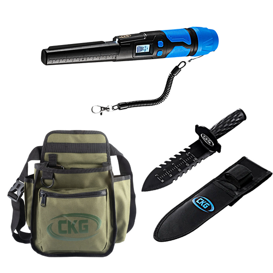 Collection of outdoor survival tools including a hand digger, Pinpointer, and pouch with CKG branding on a white background.