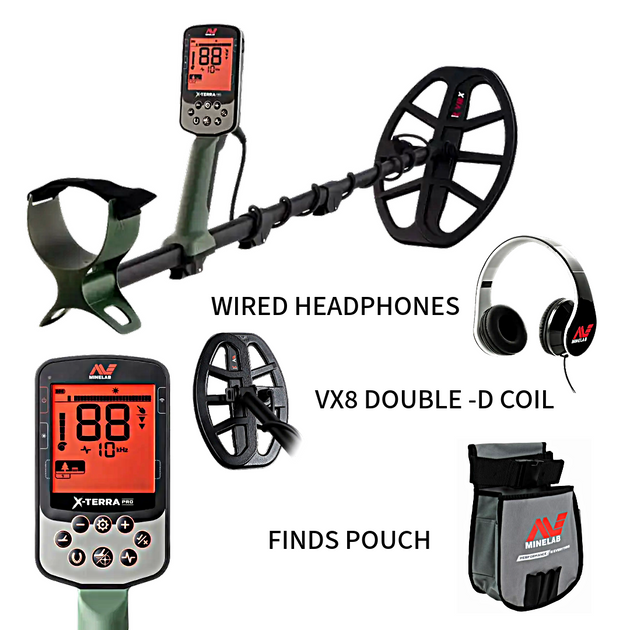Metal detector with accessories including headphones, coil, and finds pouch on a white background