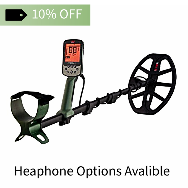 Minelab Metal detector with digital display on a white background, promotional text for 10% off and headphone options.