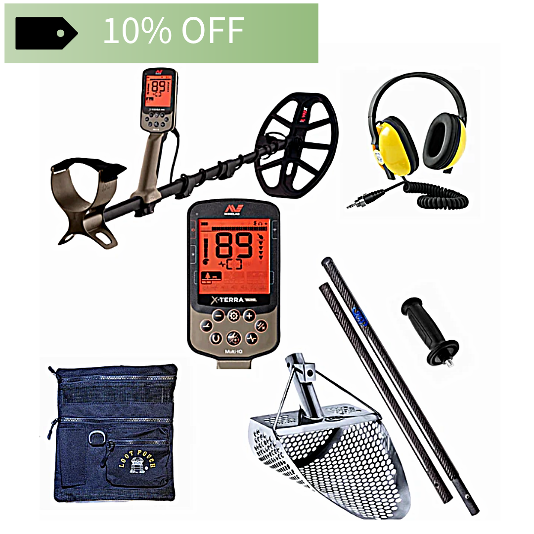 Metal detector set with headphones, screen, and accessories perfect for beach detecting., including '10% OFF' text.