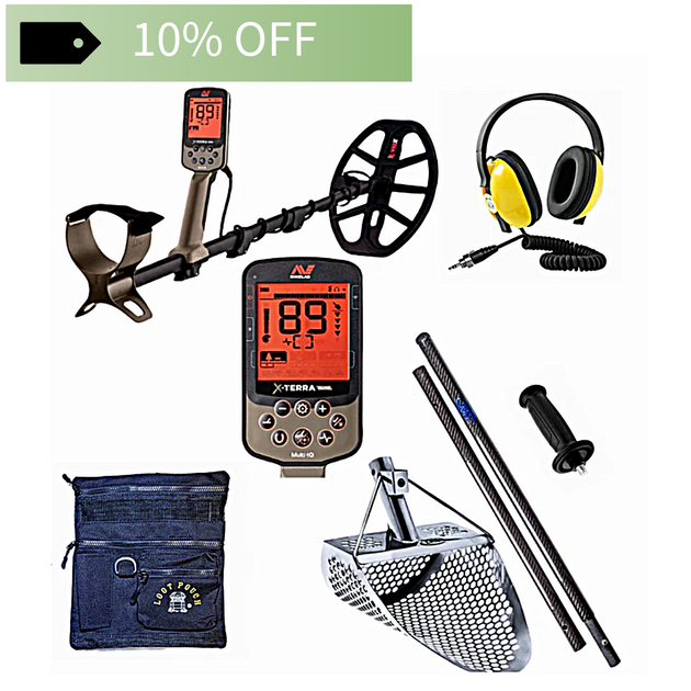 Metal detector set with headphones, screen, and accessories perfect for beach detecting., including '10% OFF' text.