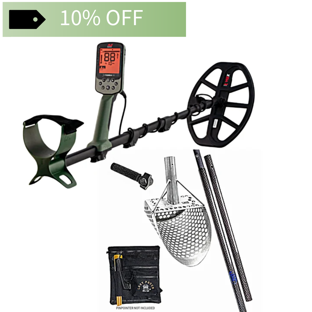 Minelab Metal detector with accessories on a white background, promotional text '10% OFF' at the top.