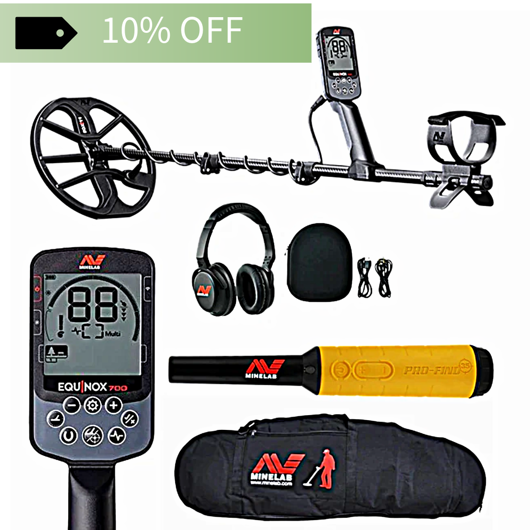 Minelab Equinox 700 metal detector set with headphones, Pro-Find 35 Pin Pointer, and Minelab carrying case on a white background Bundle