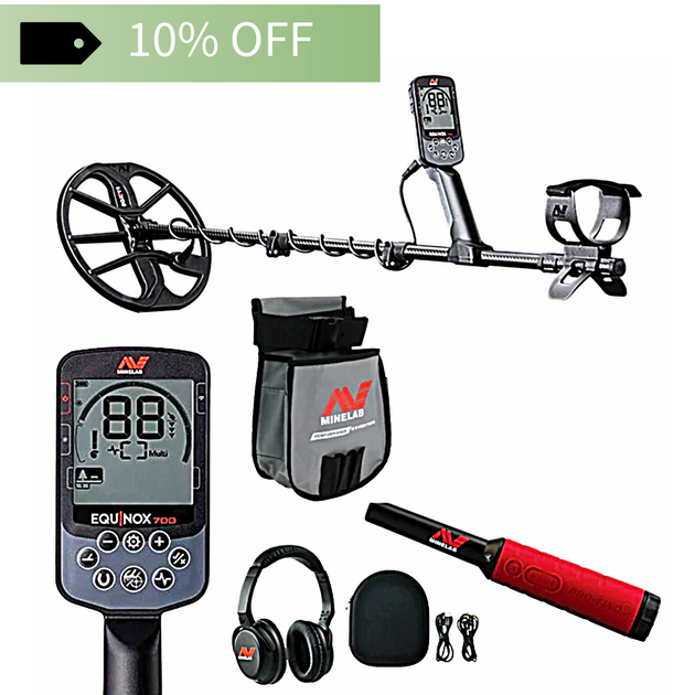 Minelab Equinox 700 Bundle with Pro-Find 40 and Finds pouch, featuring a '10% OFF' label.