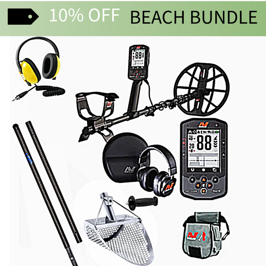 Metal detector bundle with accessories on a white background, featuring a 10% off beach bundle offer.