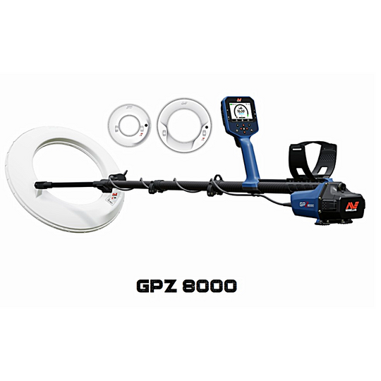 Gold Metal detector with 3 search coils and display on a white background, featuring the brand 'Minelab'.