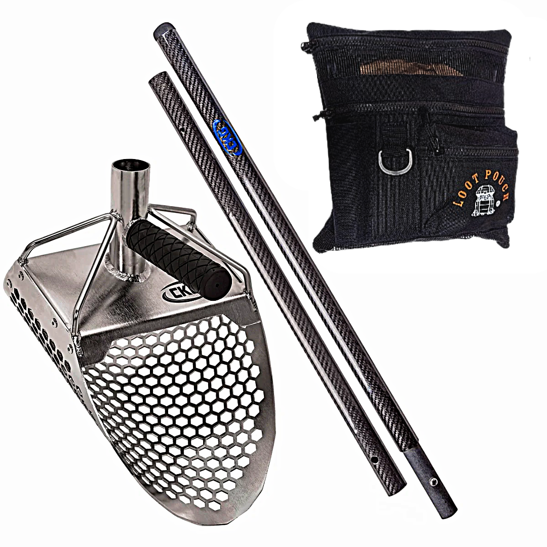 Stainless Scoop with honeycomb design, black Carbon Fiber rod, and black Loot pouch 