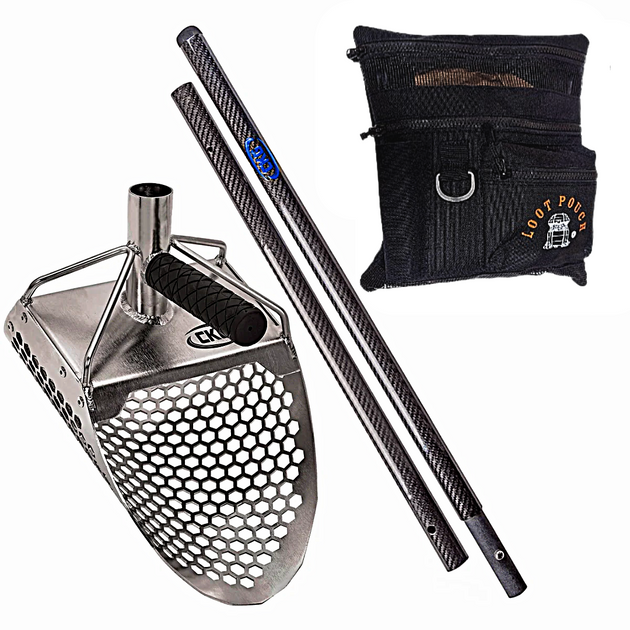 Stainless Scoop with honeycomb design, black Carbon Fiber rod, and black Loot pouch 