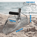 Metal spade with measurements on a beach background