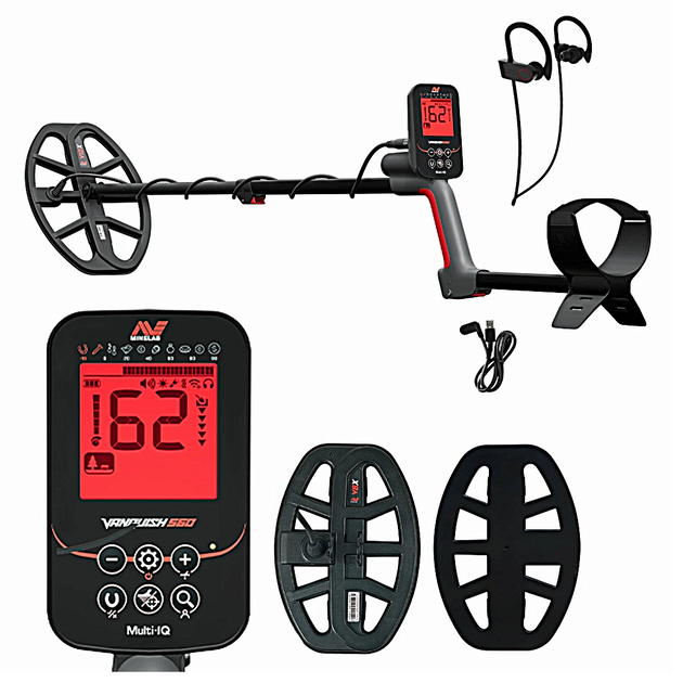Metal detector with headphones and additional parts on a white background