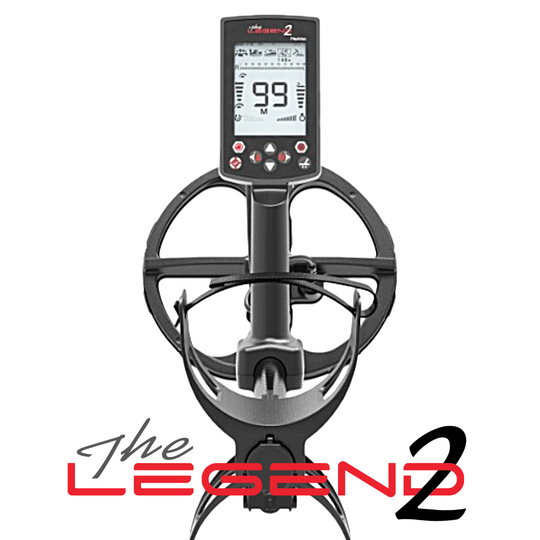 Metal detector with digital display on a white background, featuring 'The Legend 2' branding.