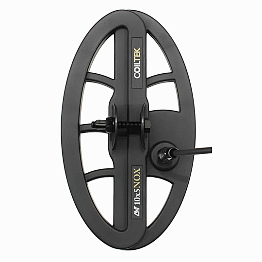 Black metal detector coil with COILTEK branding on a white background for Equinox series detectors