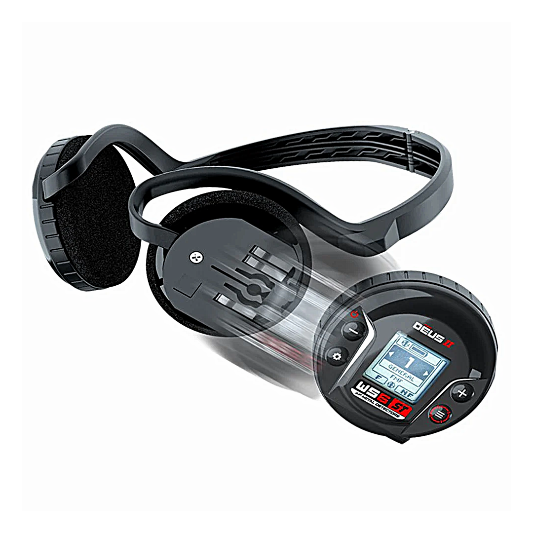 Black wireless earbuds with a control unit displaying 'DEUS' .XP WS6 ST Wireless