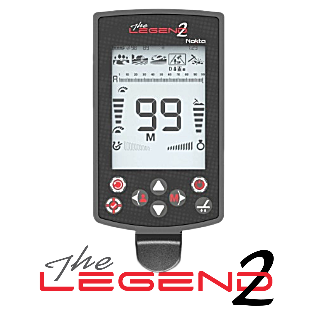 Metal detector with digital display on a white background, featuring 'The Legend 2' branding.