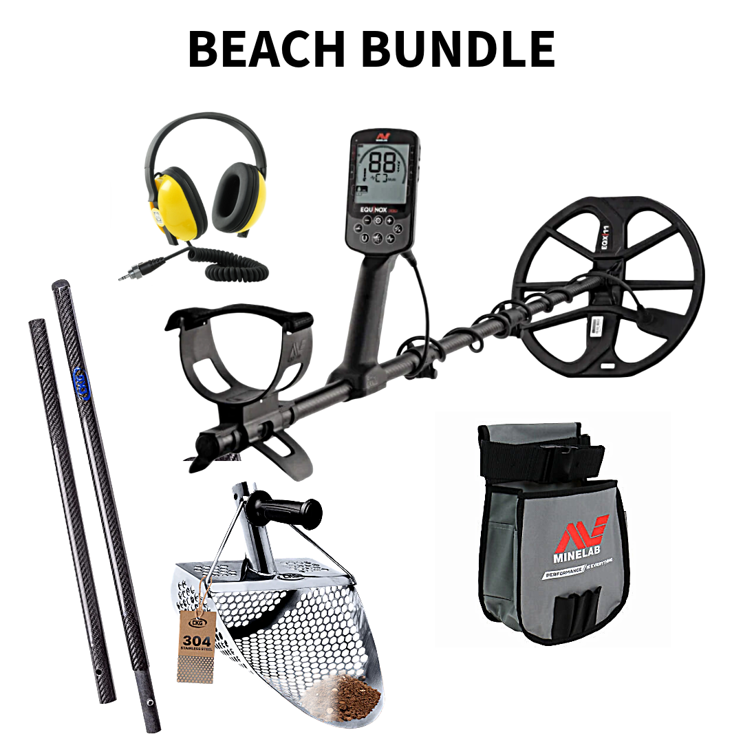Metal detector with accessories on a white background, labeled 'Beach Bundle'.