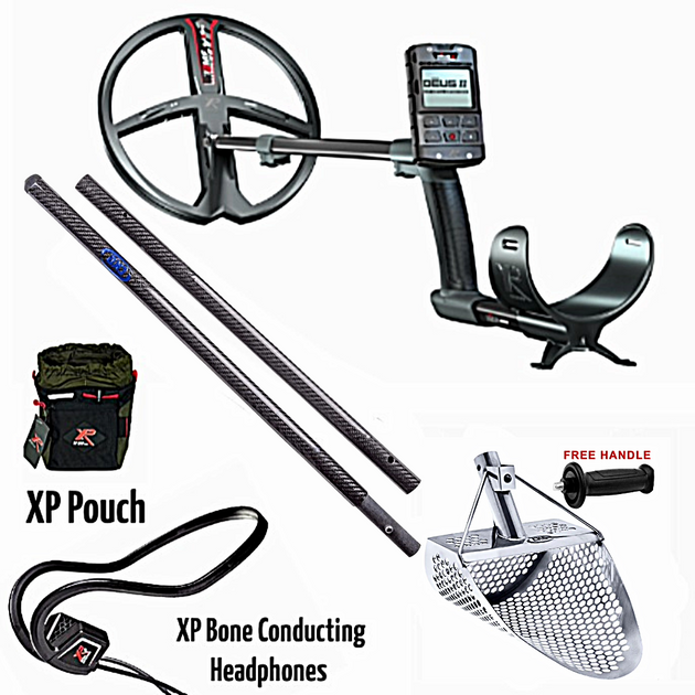 Metal detector with accessories including a pouch, headphones, and handle