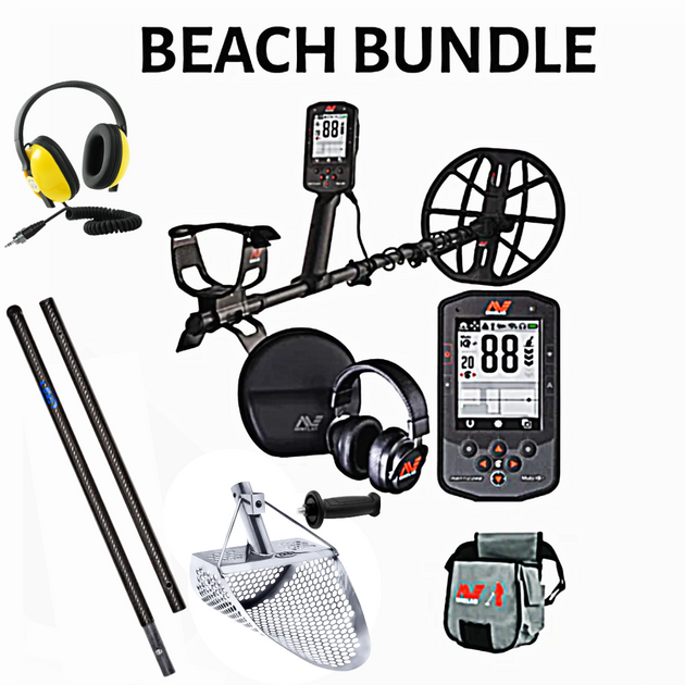 Metal detector with accessories offering waterproof capabilities , professional grade. labeled 'Beach Bundle'.