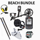 Metal detector with accessories offering waterproof capabilities , professional grade. labeled 'Beach Bundle'.