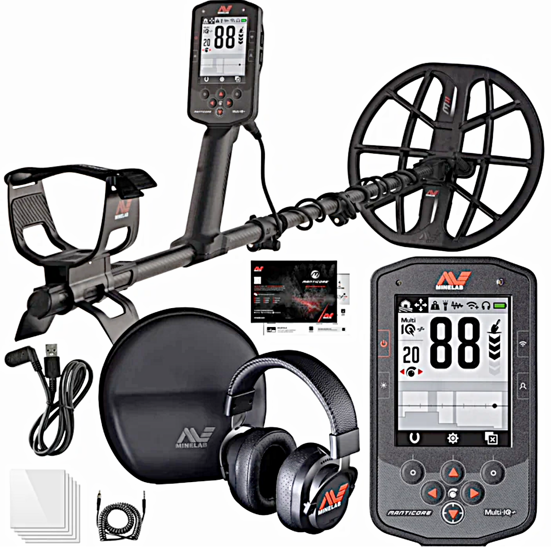 Manticore Metal detector with headphones and accessories on a white background