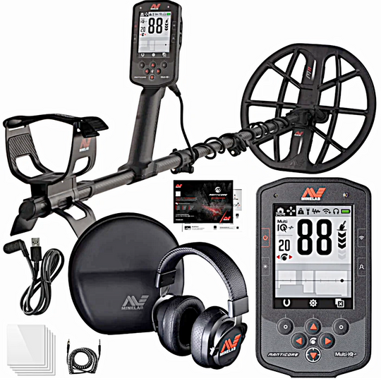 Manticore Metal detector with headphones and accessories on a white background