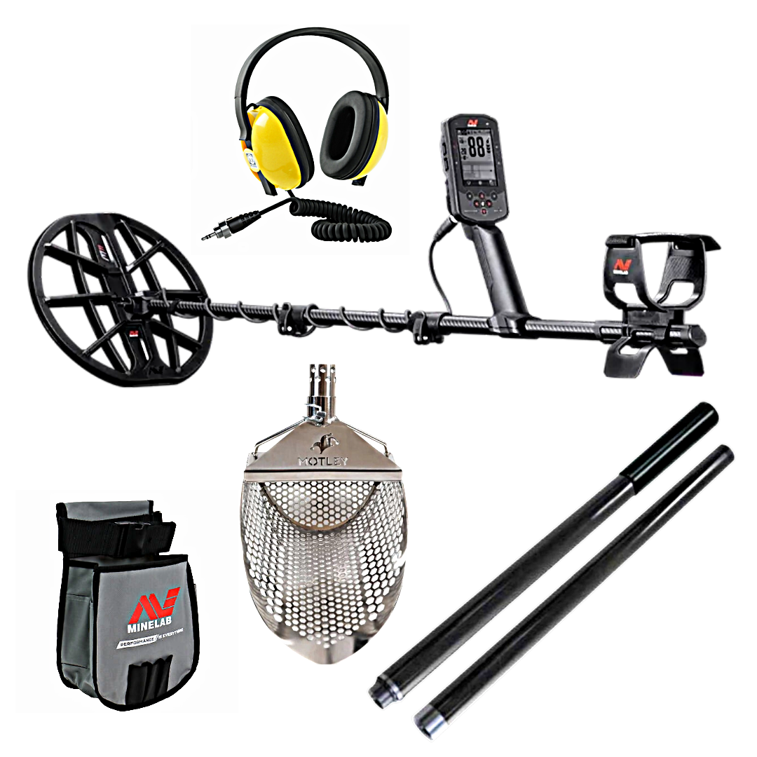 Manticore Metal detector set with headphones, coil, and additional tools on a white background