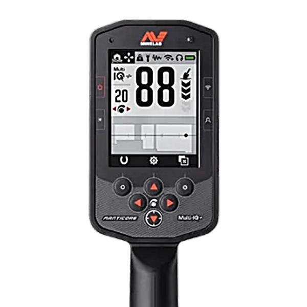 Minelab Manticore Metal detector with digital display on a white background