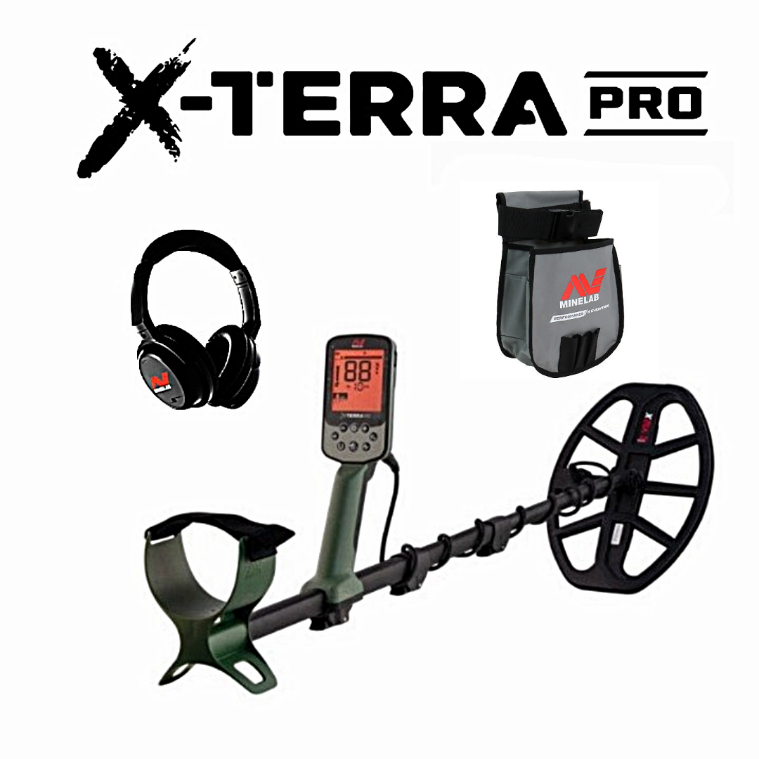 Metal detector with headphones and pouch on a white background, featuring X-Terra Pro branding.