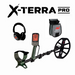 Metal detector with headphones and pouch on a white background, featuring X-Terra Pro branding.