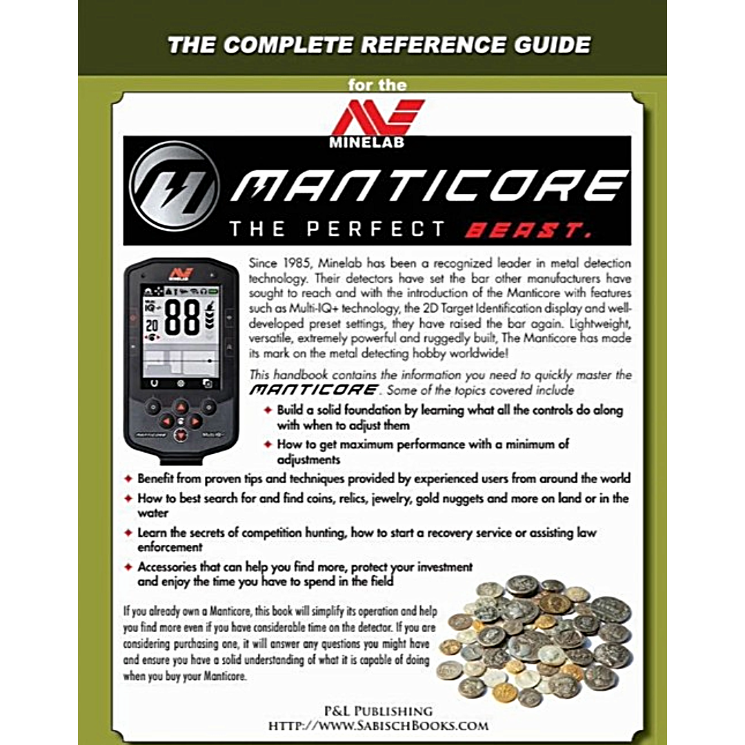 Minelab Manticore metal detector reference guide with text and images on a green background