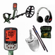 A Minelab metal detector bundle on a white background, featuring a green and black X-Terra PRO metal detector, a pair of black over-ear headphones with red accents, a silver shovel, two Carbon fiber rods, and a green camouflage carrying finds pouch