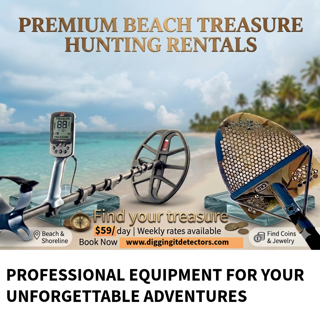 Promotional graphic for treasure hunting equipment featuring a metal detector coil, handheld unit, and a gold coin detector head on a beach backdrop, with text reading 'PREMIUM BEACH TREASURE HUNTING RENTALS' and 'PROFESSIONAL EQUIPMENT FOR YOUR UNFORGETTABLE ADVENTURES.'.