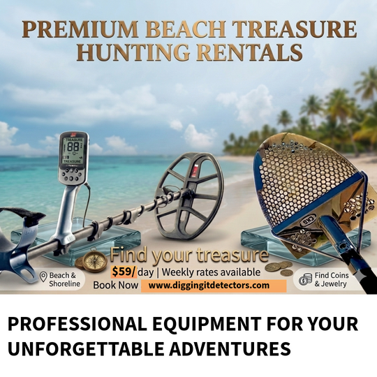 Promotional graphic for treasure hunting equipment featuring a metal detector coil, handheld unit, and a gold coin detector head on a beach backdrop, with text reading 'PREMIUM BEACH TREASURE HUNTING RENTALS' and 'PROFESSIONAL EQUIPMENT FOR YOUR UNFORGETTABLE ADVENTURES.'.