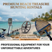 Promotional graphic for treasure hunting equipment featuring a metal detector coil, handheld unit, and a gold coin detector head on a beach backdrop, with text reading 'PREMIUM BEACH TREASURE HUNTING RENTALS' and 'PROFESSIONAL EQUIPMENT FOR YOUR UNFORGETTABLE ADVENTURES.'.