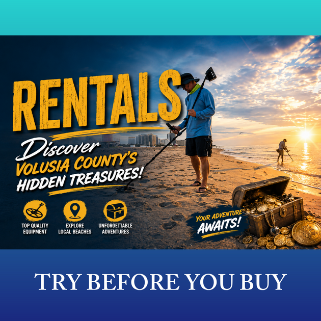 Promotional graphic for metal detector rentals on a beach at sunset, with a man holding a metal detector, an open treasure chest filled with gold coins, and large text reading 'RENTALS' and 'TRY BEFORE YOU BUY'.
