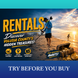 Promotional graphic for metal detector rentals on a beach at sunset, with a man holding a metal detector, an open treasure chest filled with gold coins, and large text reading 'RENTALS' and 'TRY BEFORE YOU BUY'.