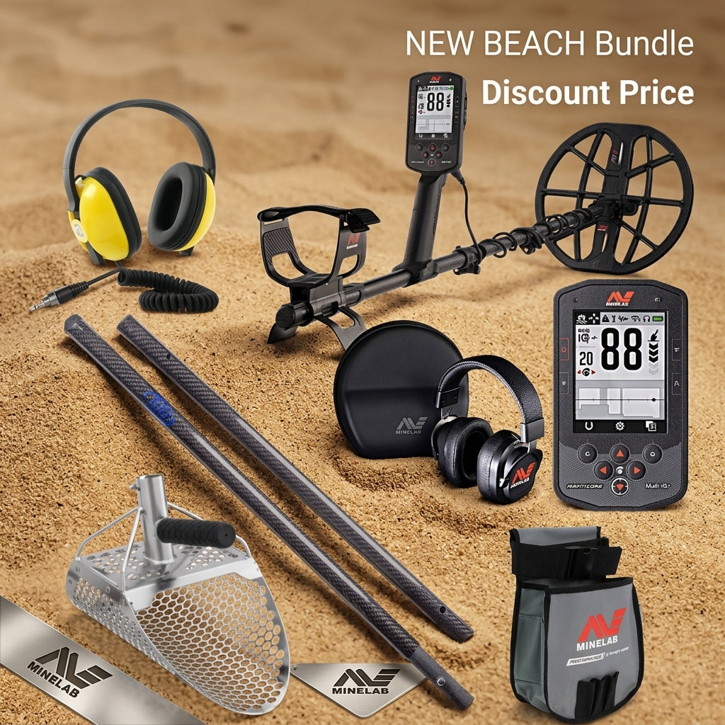 Metal detector bundle with accessories on a white background, featuring a 10% off beach bundle offer.