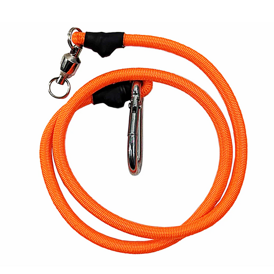 A green lanyard with a metal clip and a keyring, made from a stretchy marine-grade cord.