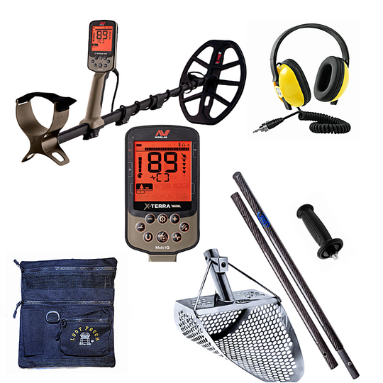 Metal detector set with headphones, screen, and accessories perfect for beach detecting.
